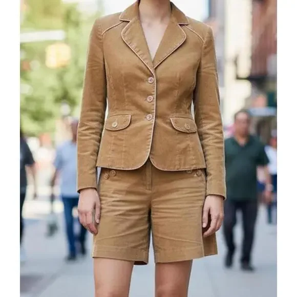 Vintage Cynthia Steffe Womens Tan Corduroy Blazer Matching Shorts Set - Size 2 - Picture 1 of 12